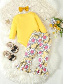 SHEIN 嬰兒女寶寶字母印花連體衣和花卉印花喇叭褲套裝 - 黃色 - 查看 2