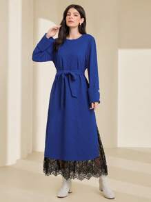 Seusyu Vestido Feminino Azul Com Decote Redondo E Cinto - Azul - Ver 3