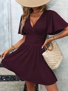 Wandoria Wrap Neckline Bell Sleeve Dress - Red Violet - View 4