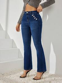 女款扣細節喇叭牛仔褲 - 藍色 - 查看 4