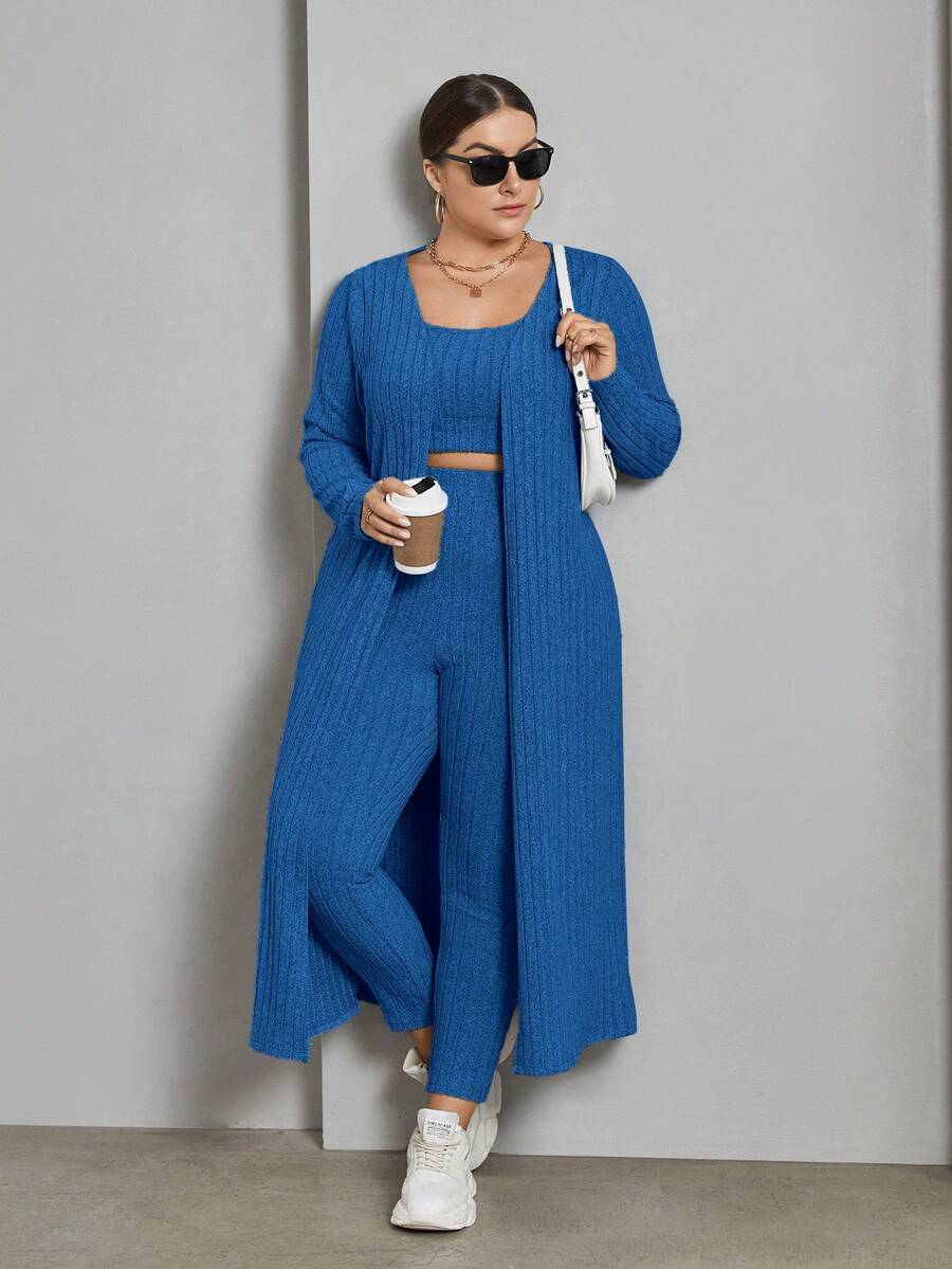 SHEIN Essnce Plus Size Solid Color Ribbed Leisure Suit - Royal Blue - View 1