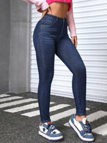 SHEIN PETITE 修身水洗牛仔褲 - 深色水洗藍 - 查看 3