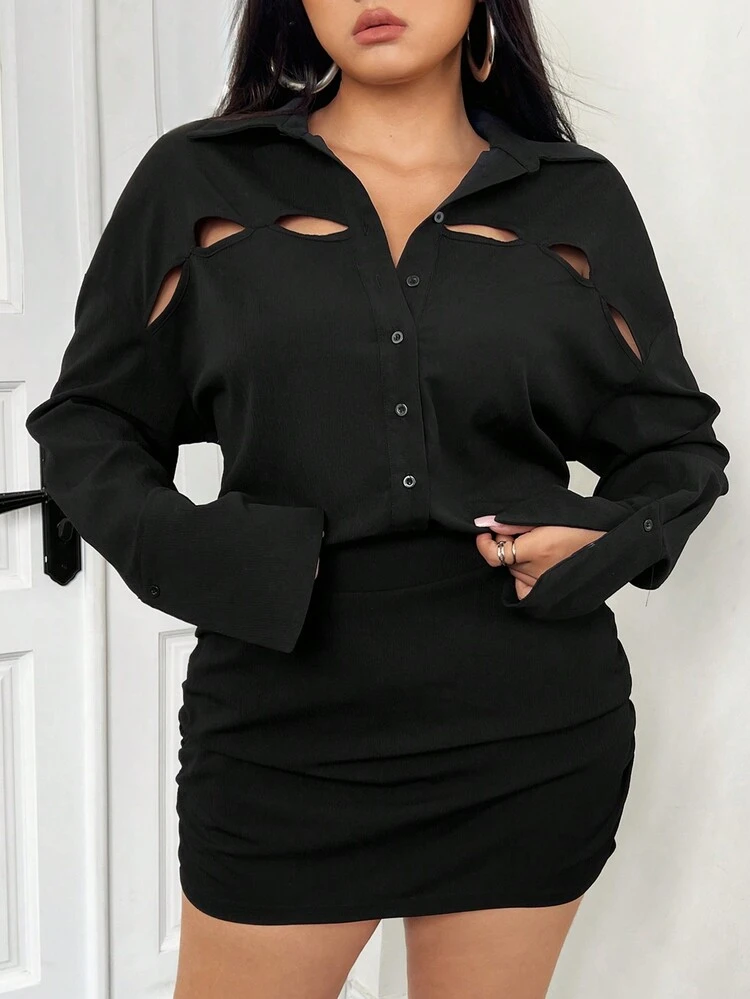 Plus Size Solid Color Hollow Out Batwing Sleeve Pleated Dress