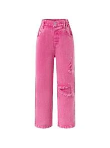 SHEIN Explorewe Nhỏ bé Cô gái Chân thẳng Giải trí Quần jean Distressed - Màu Hồng Tươi - Xem 1