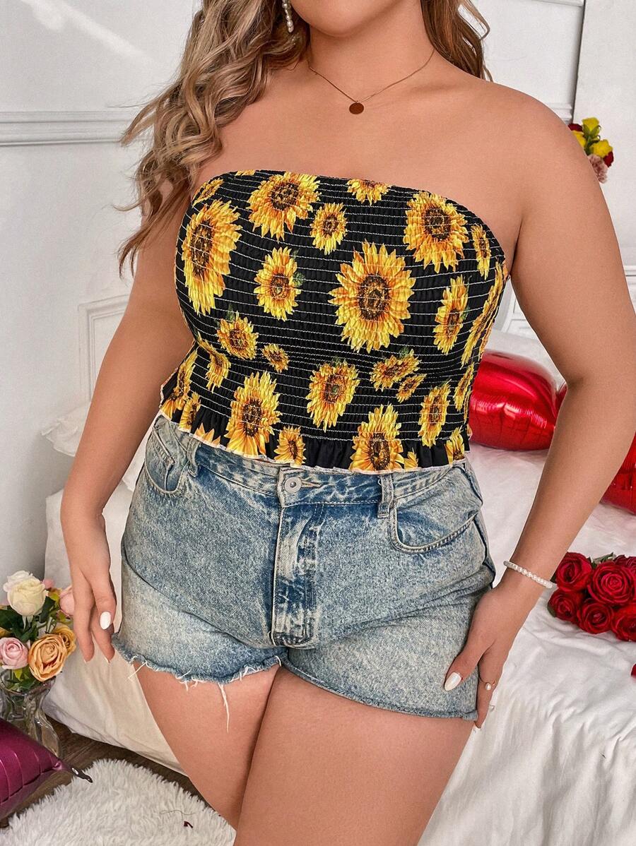 Flirla 大尺碼女士向日葵印花無肩帶上衣 - 彩色 - 查看 1