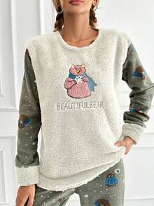 RueChic Của phụ nữ Hoạt hình Thêu Chữ Tương phản Màu sắc Bộ mặc nhà - Màu be - Xem 5