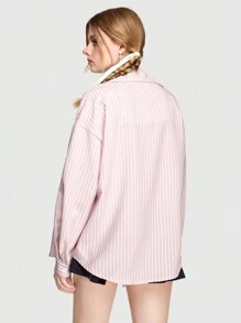 ROMWE Avant 女式粉紅條紋寬鬆字母刺繡襯衫 - 粉色 - 查看 3