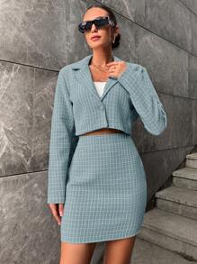 RueChic Plaid Pattern Lapel Neck Crop Blazer & Skirt - Blue - View 3