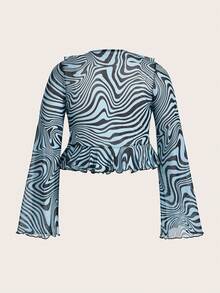 SHEIN ICON Kích thước lớn Của phụ nữ Đá hoa In Ruffled Hem Áo - Màu xanh lam - Xem 2