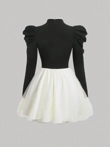 SHEIN MOD Khối màu Móng tay Hạt Nghệ Embellished Tay áo dài Đầm - màu đen - Xem 2