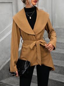 SHEIN LUNE Màu thuần Thắt lưng áo Với Quá lớn Cổ áo tây - màu nâu - Xem 4