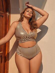 SHEIN Swim Curve Plus Size Striped Twist Front Bikini Set Summer Beach - Multicolor - View 3
