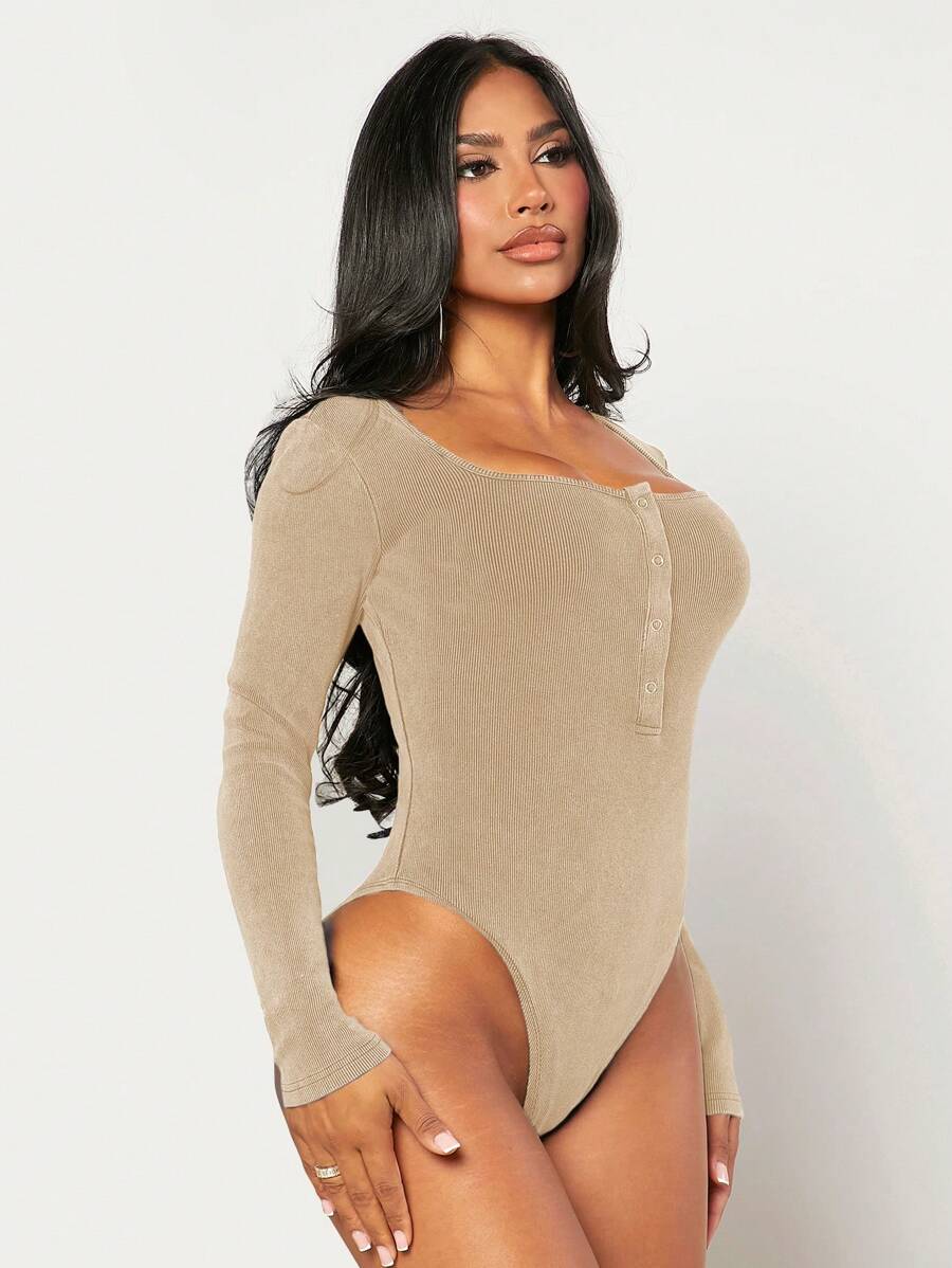 SHEIN SXY Màu thuần Tay áo dài Áo liền quần chặt - Màu be - Xem 1