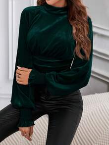 SHEIN Privé Của phụ nữ Đứng cổ áo Tay áo lồng đèn Áo sơ mi - Màu xanh lá cây đậm - Xem 6