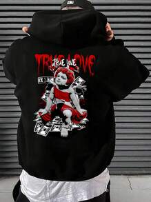 Manfinity Roghcode 宽松男士连帽落肩袖休闲运动衫，带文字图案印花，天使，长袖，外出，连帽衫，街头服饰，男友礼物，黑色连帽衫，男士连帽衫，图案连帽衫，秋季 - 黑色 - 查看 3