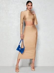 SHEIN BAE Stand Collar Long Sleeve Cropped Top And Skirt 2pcs/Set - Apricot - View 1