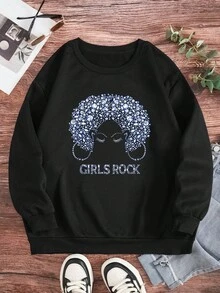 SHEIN LUNE Kích thước lớn In Vòng cổ Giải trí Áo nỉ - màu đen - Xem 3