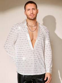 FeverCity Men'S See-Through Long Sleeve Shirt With Glitter Sequins Decoration - White - View 4
