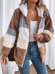SHEIN Essnce Color Block Drop Shoulder Drawstring Hooded Teddy Jacket - Multicolor - View 1