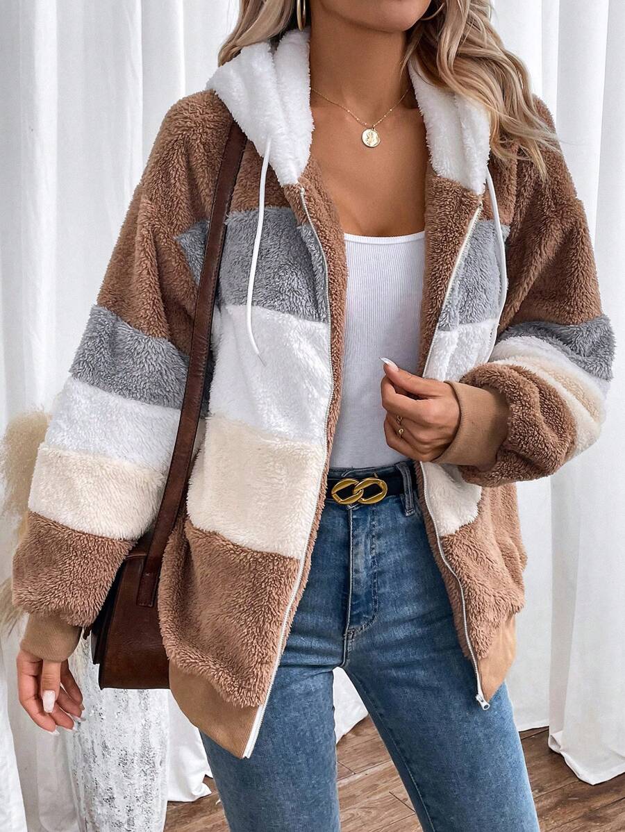 SHEIN Essnce Color Block Drop Shoulder Drawstring Hooded Teddy Jacket - Multicolor - View 1