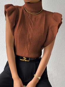 SHEIN Frenchy 女士高領波浪邊無袖毛衣背心 - 鏽棕色 - 查看 6