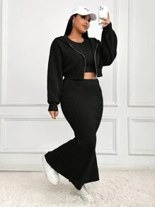 SHEIN EZwear Conjunto De Dos Piezas Para Mujer Con Sudadera Con Capucha Y Cremallera Y Falda De Cola De Pez En Talla Grande