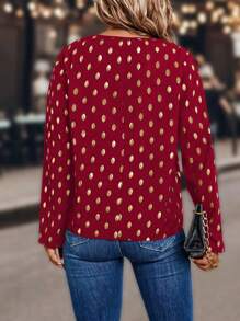 SHEIN Clasi 大尺碼金色橢圓點印花捲袖襯衫 - 紅色 - 查看 2