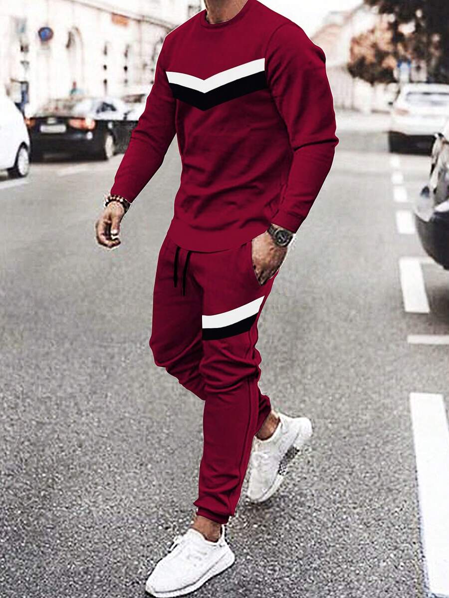 Manfinity 男款鋸齒條紋長袖汗衫和慢跑褲兩件套 - 酒紅色 - 查看 1