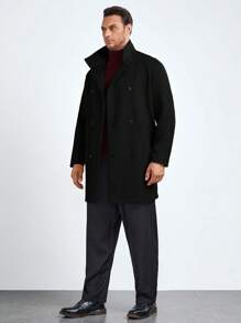 EASEVO 男款大尺寸雙排扣梭織休閒長呢子大衣 - 黑色 - 查看 5