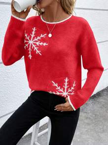 SHEIN LUNE Suéter de cuello redondo de punto con copos de nieve rojos para mujer, para otoño e invierno - Rojo - Ver 6