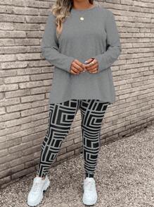 SHEIN LUNE Bộ đồ hai mảnh mùa hè cỡ lớn gồm áo phông cổ tròn tay dài và quần legging họa tiết hình học 2 món/bộ - Xám - Xem 5