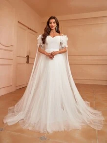SHEIN Belle Off-Shoulder Wedding Dress With 3d Floral Cape Sleeves And Tulle Overlay