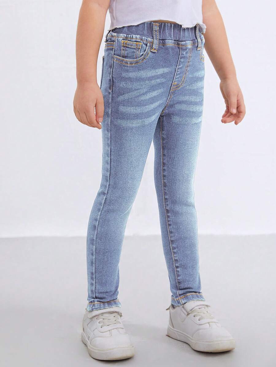 SHEIN Young Girl Casual Washed Cat Whisker Elastic Waist Jeans for Sale