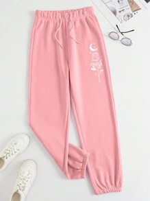 SHEIN Qutie 女士花卉和月亮圖案束腰哈倫褲 - 粉色 - 查看 7