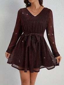 SHEIN Frenchy 女款 V 領帶連身裙 - 紅色 - 查看 5