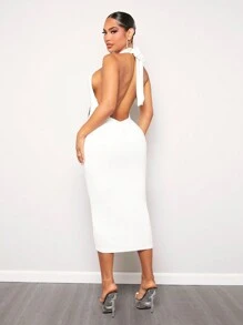 SHEIN SXY 新年女裝,新年前夕禮服,性感服裝夜店情人節冬季服飾,白色露背緊身性感休閒中長款連身裙 - 白色 - 查看 2