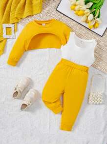 女嬰撞色休閒套裝 - 黃色 - 查看 1