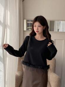 Dazy Star Women's Solid Color T-Shirt With Fringe Hem,Fall Clothes Long Sleeve Women Tops - Black - View 5