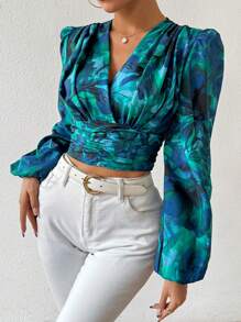 Breezaya Printed Lantern Sleeve Cropped Blouse With Pleats Fall Cloth For Women - Green - View 4