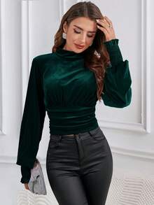 SHEIN Privé Của phụ nữ Đứng cổ áo Tay áo lồng đèn Áo sơ mi - Màu xanh lá cây đậm - Xem 3