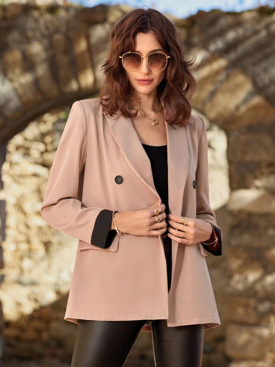 SHEIN LUNE Lapel Neck Double Breasted Blazer - Khaki - View 1