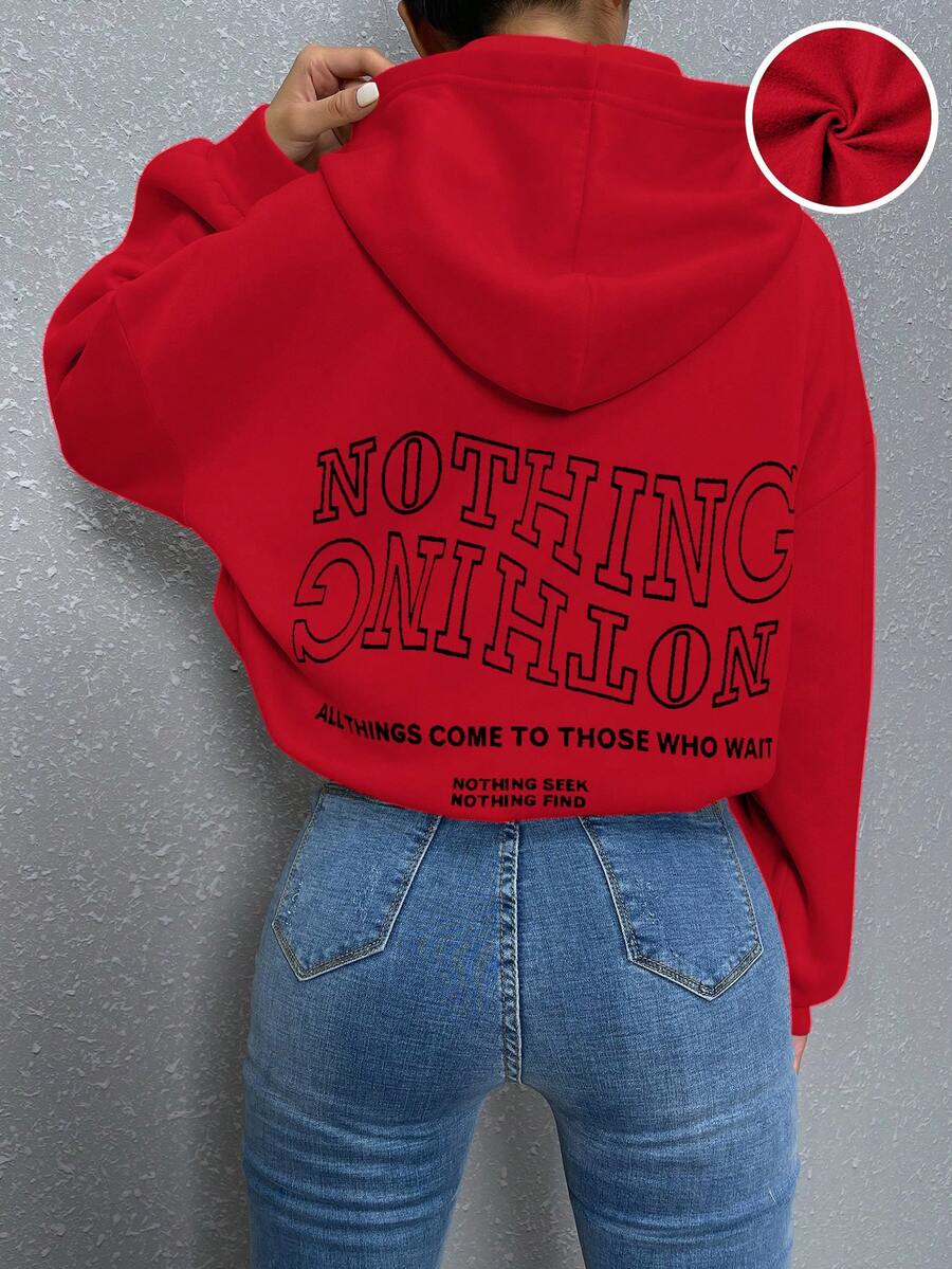 SHEIN PETITE Women's Hooded Fleece Sweatshirt With Slogan Print - Burgundy - View 1