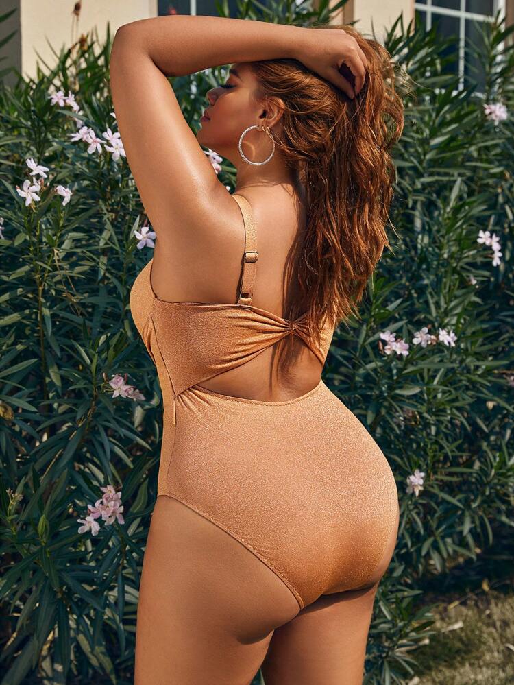 Summer Plus Size Solid Color One-Piece Swimsuit With Circular Accents