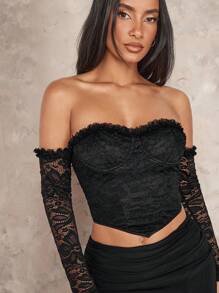 SHEIN BAE قمة دانتيل جذابة بأكتاف مكشوفة، لعيد الميلاد ورأس السنة الجديدة - الأسود - مشاهدة 5