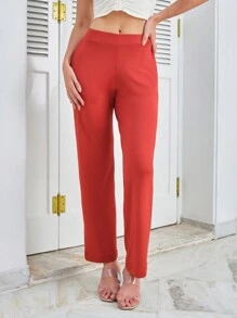 Màu thuần Eo đàn hồi Dài Quần - màu nâu - Xem 3