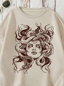 INAWLY 女士人物蛇印花羊毛连帽衫，女士春秋休闲长袖圆领宽松常规卡其色落肩套头衫女式连帽衫，长袖上衣 - 卡其色 - 查看 5