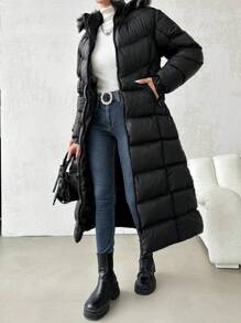 EURMUSE Langer, Pelziger, Wattierter Damenmantel Mit Kapuze - Schwarz - Übersicht 3