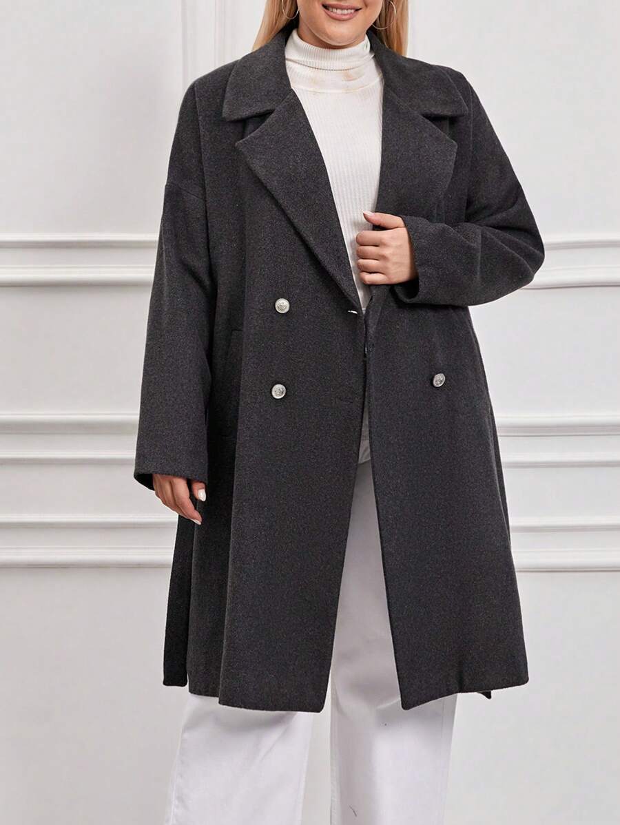 SHEIN Cottnline Kích thước lớn Của phụ nữ DOUBLE-BREASTED Len áo - Màu xám đen - Xem 1