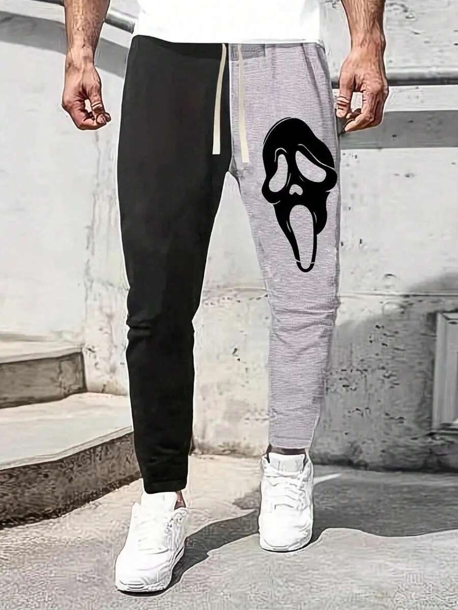 Manfinity Homme 男士骷髅印花拼色运动裤 - 黑與白 - 查看 1