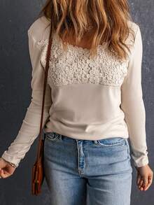 Acelitt Lace Spliced Long Sleeve T-Shirt - Beige - View 3